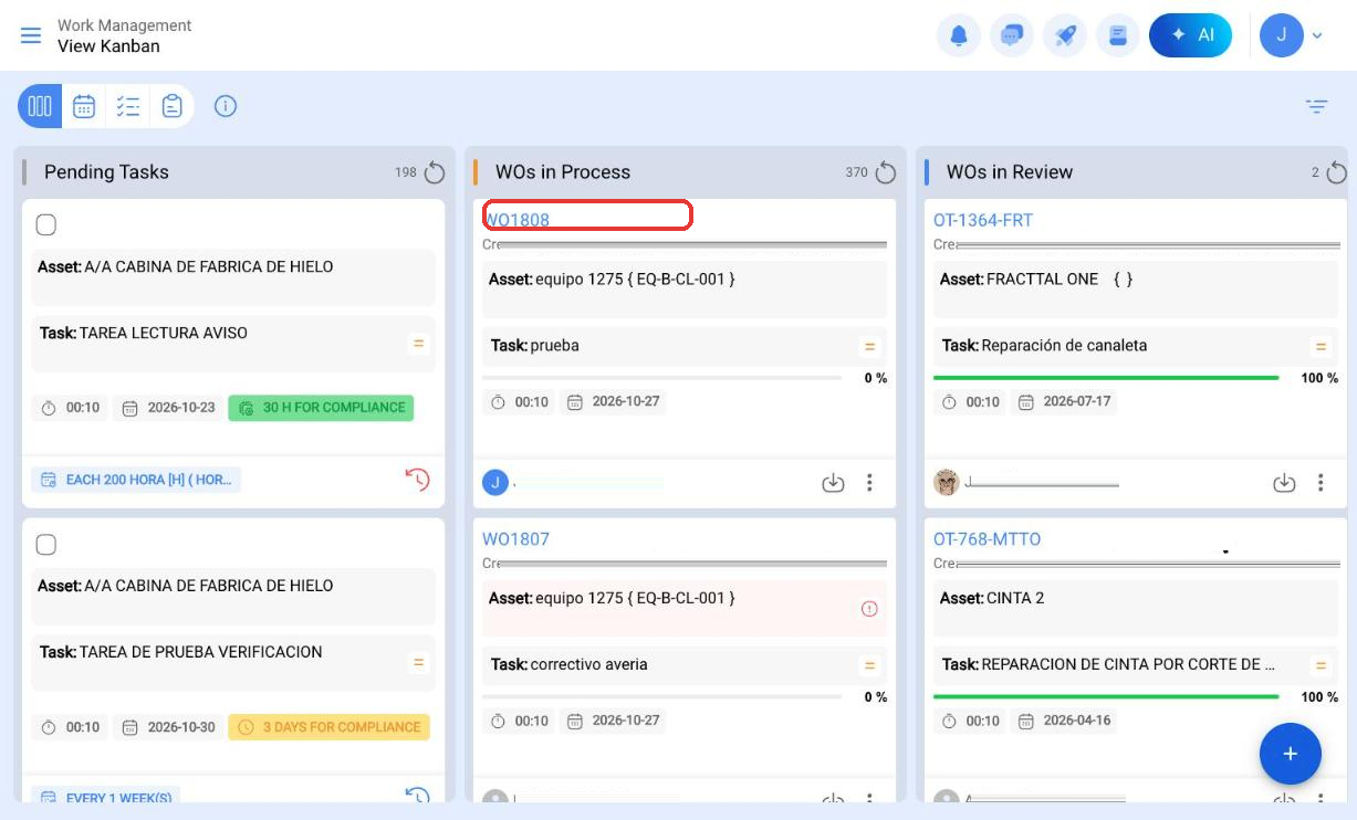 Vista Kanban con el código de la OT resaltado en su tarjeta