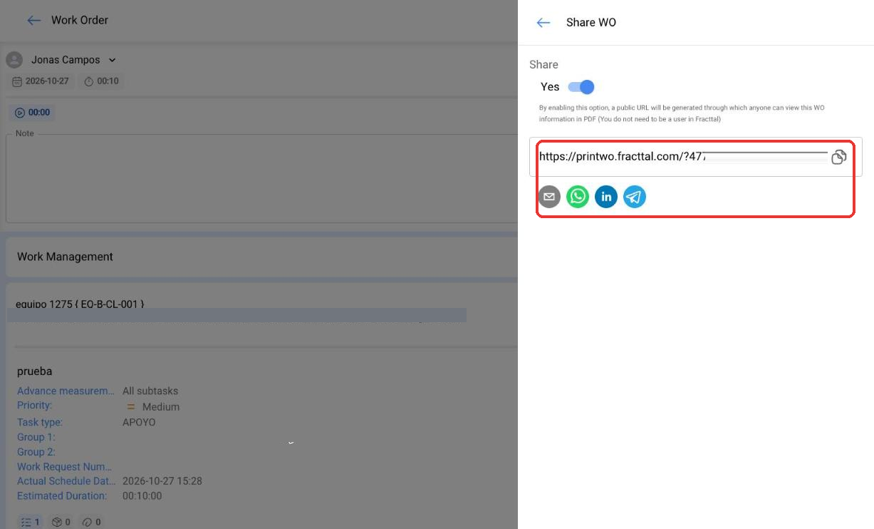 Panel Compartir OT con la URL generada lista para copiar o compartir