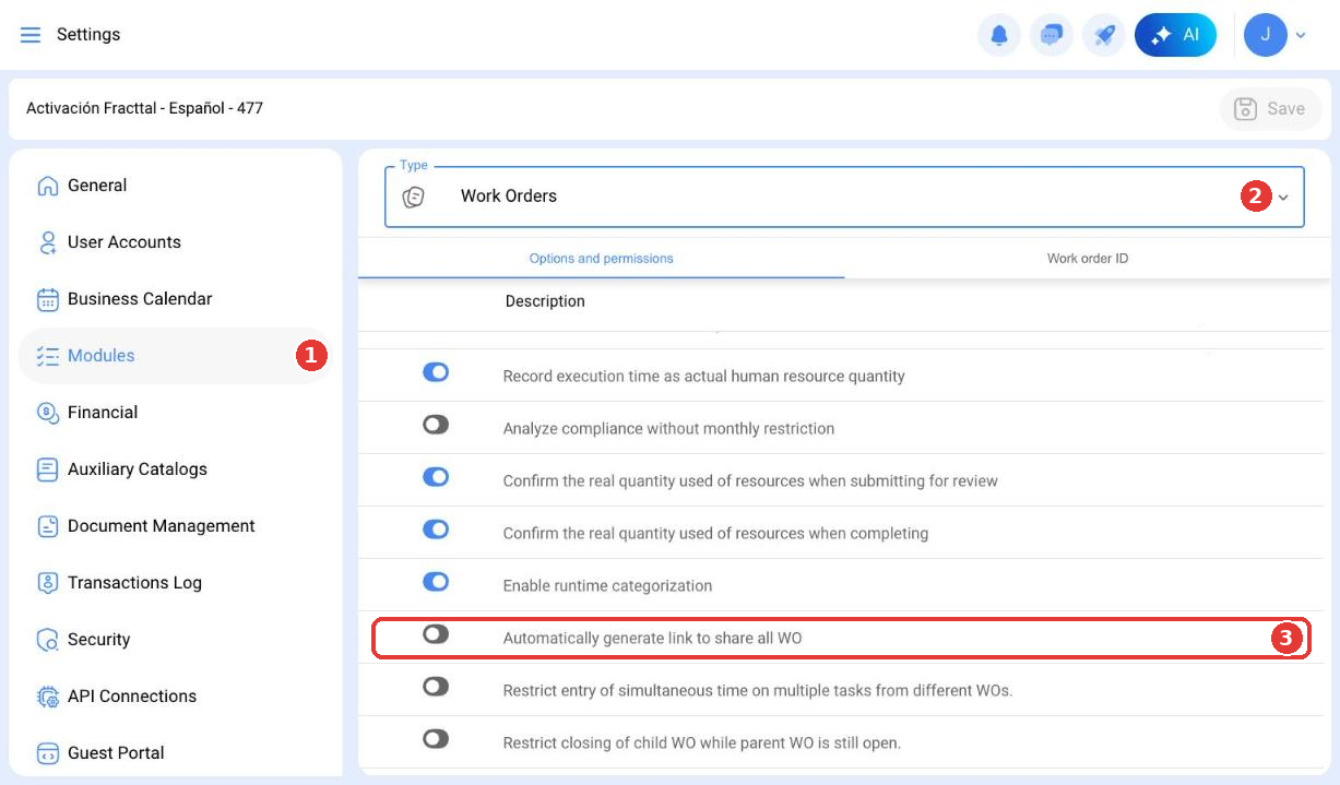 Pestaña Opciones y permisos con el interruptor Generar automáticamente enlace para compartir todas las OT resaltado